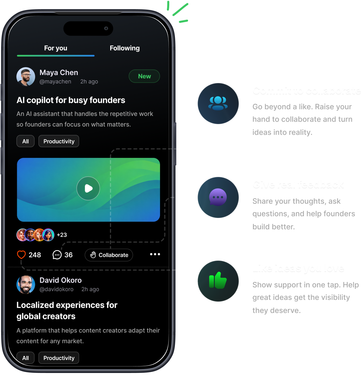 The Idearify app: an idea feed with collaborate, feedback and like actions